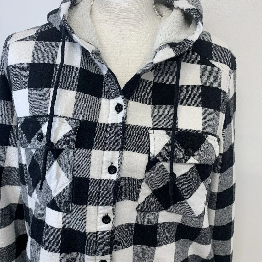 Blue Notes Sherpa Lined Buffalo Plaid Boyfriend Shirt Jacket Woman Large Hood - Picture 3 of 9